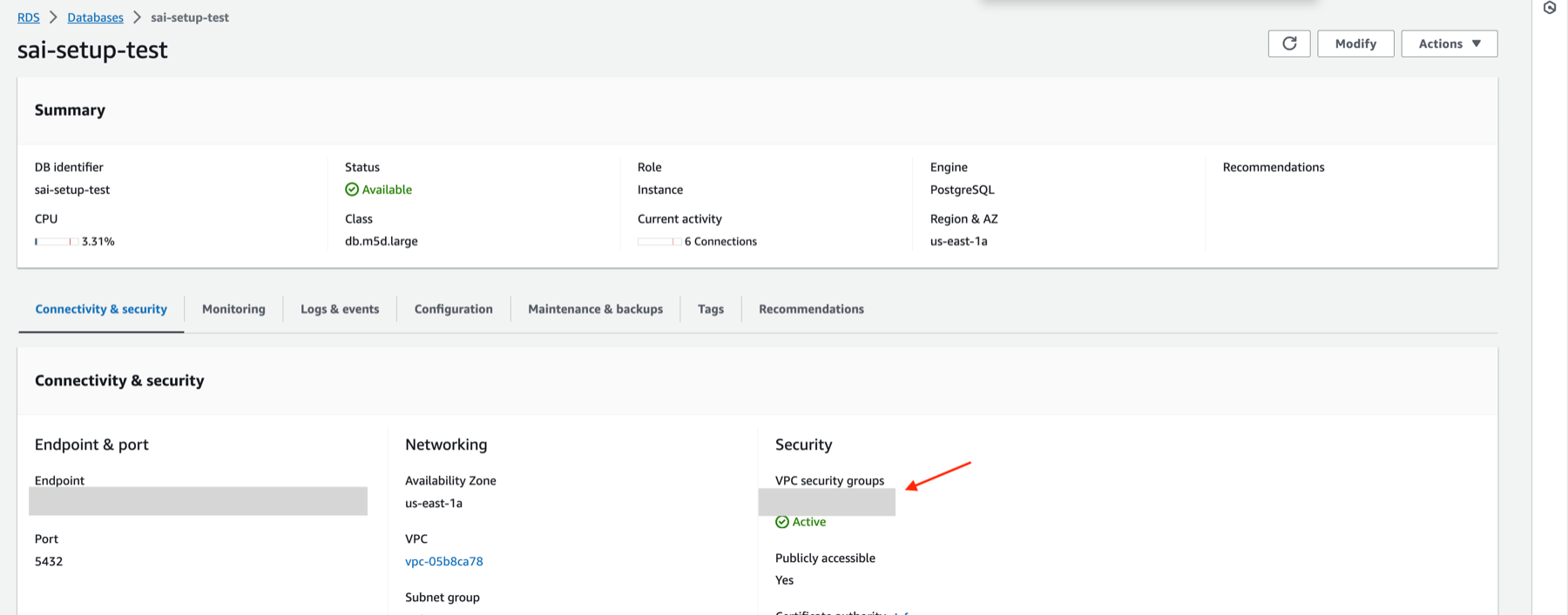 Where to find security group in Aurora PostgreSQL? - Zoomed